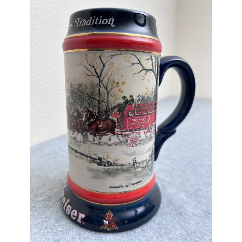 1990 Budweiser Holiday Stein An American Tradition Clydesdales Ceramarte Mug
